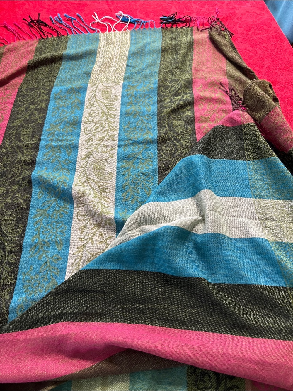 Multicolor Striped Jacquard Scarf Wrap Shawl Olive Teal Pink Fringe 68"